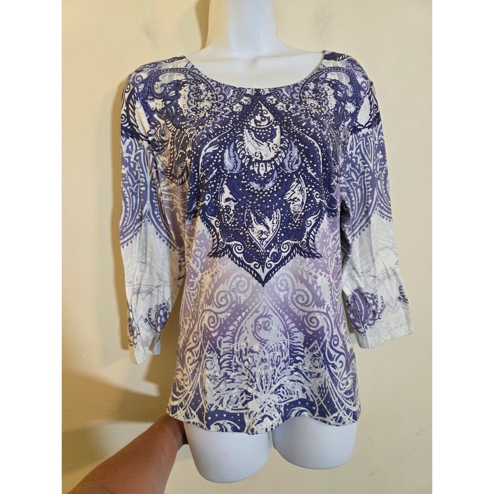 Y2K Chicos Zenergy Purple Paisley Rhinestone 3/4 Sleeve Top 2(L) Whimisigoth